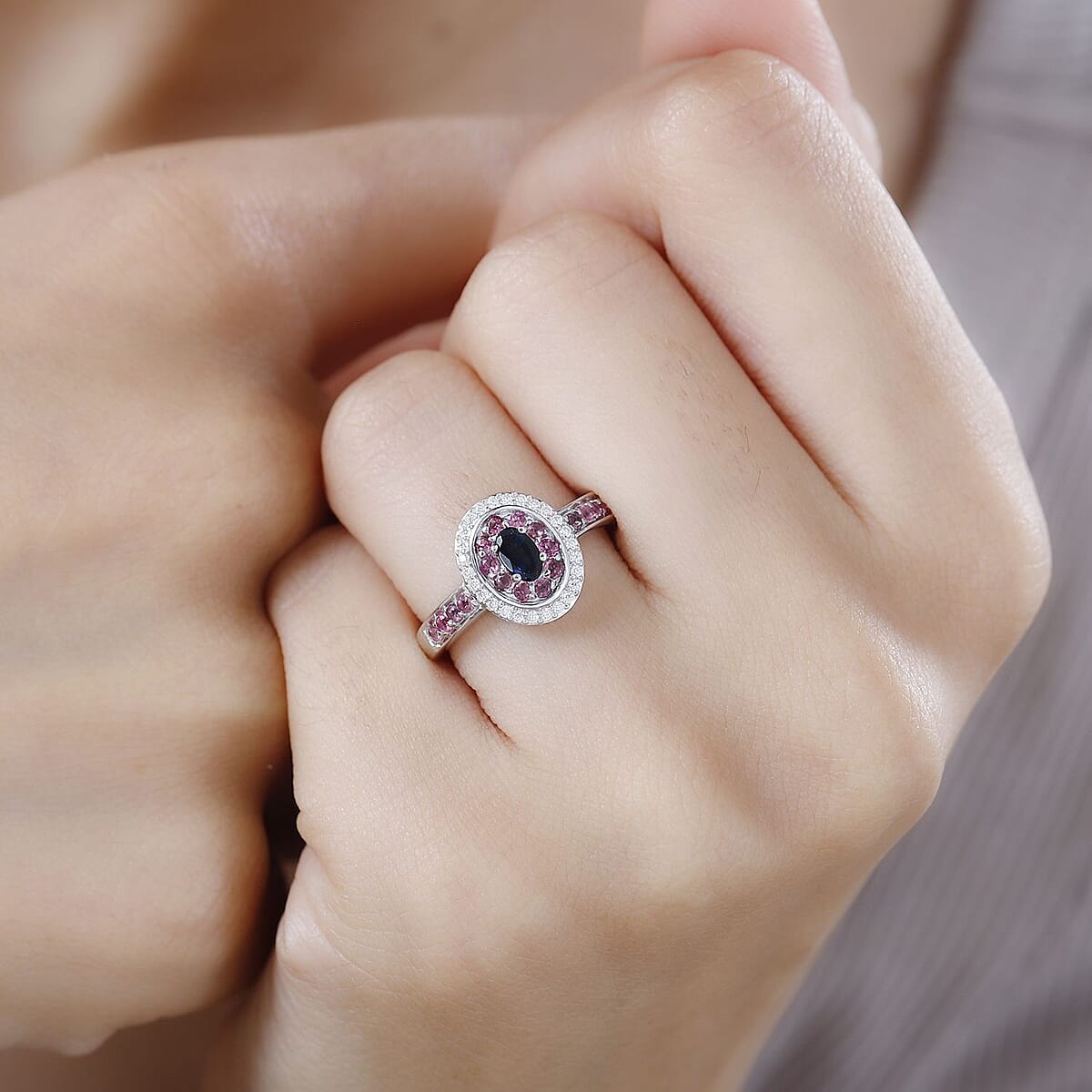 AAA Monte Belo Indicolite and Multi Gemstone Double Halo Ring in Rhodium Over Sterling Silver (Size 10.0) 0.75 ctw image number 2