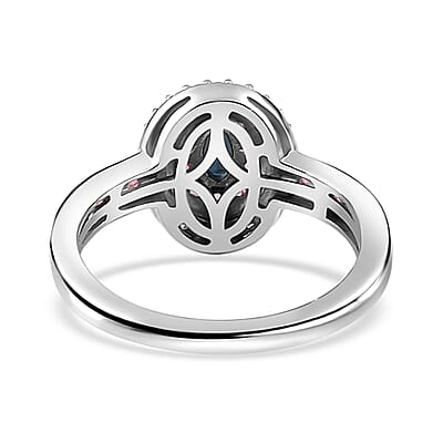 AAA Monte Belo Indicolite and Multi Gemstone Double Halo Ring in Rhodium Over Sterling Silver (Size 10.0) 0.75 ctw