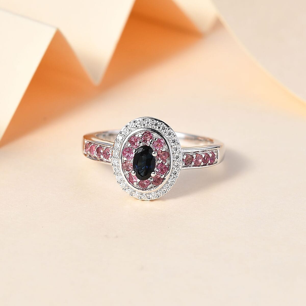 AAA Monte Belo Indicolite and Multi Gemstone Double Halo Ring in Rhodium Over Sterling Silver (Size 6.0) 0.75 ctw image number 1