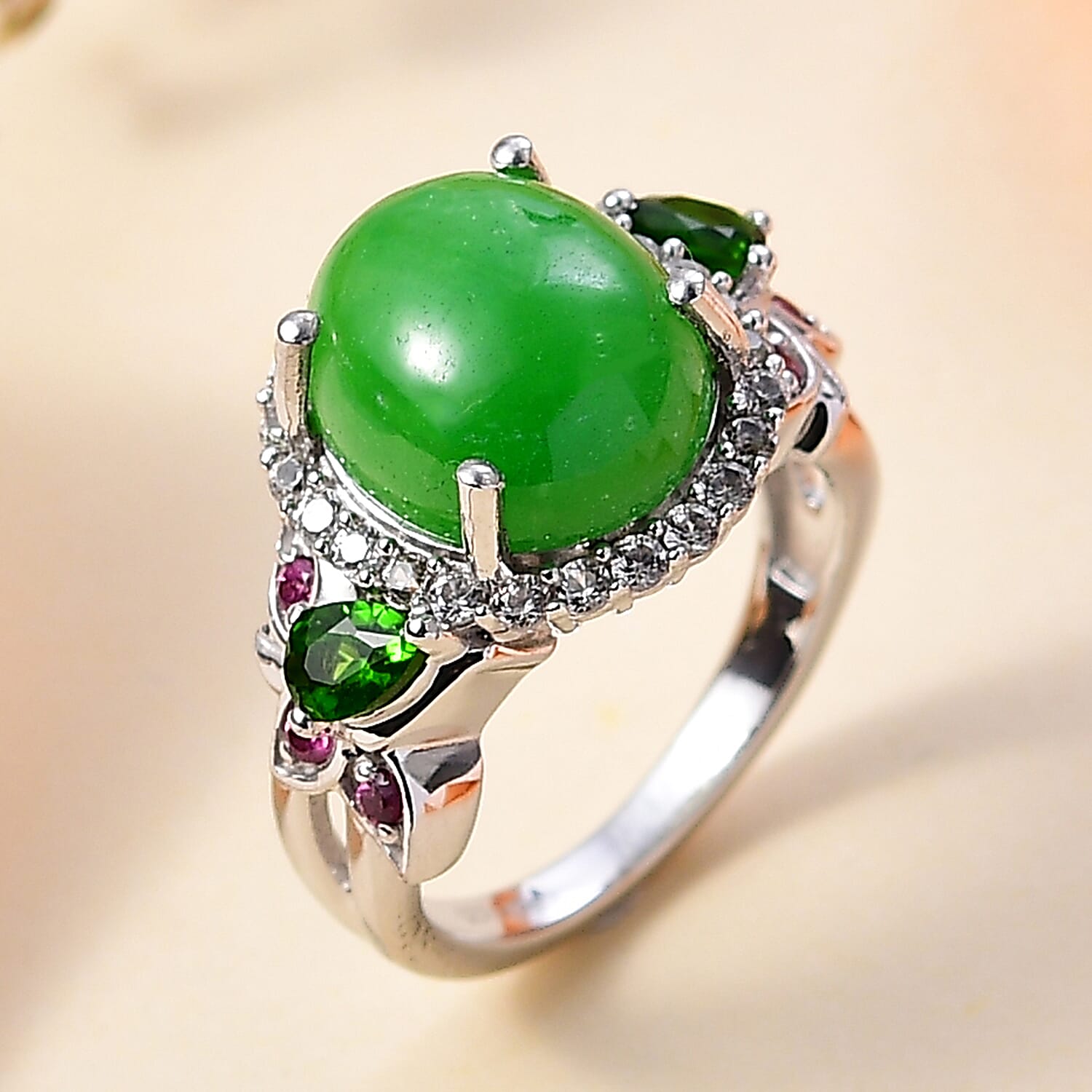Green Jade (D) and Multi Gemstone Ring in Rhodium Over Sterling Silver (Size 10.0) 7.25 ctw