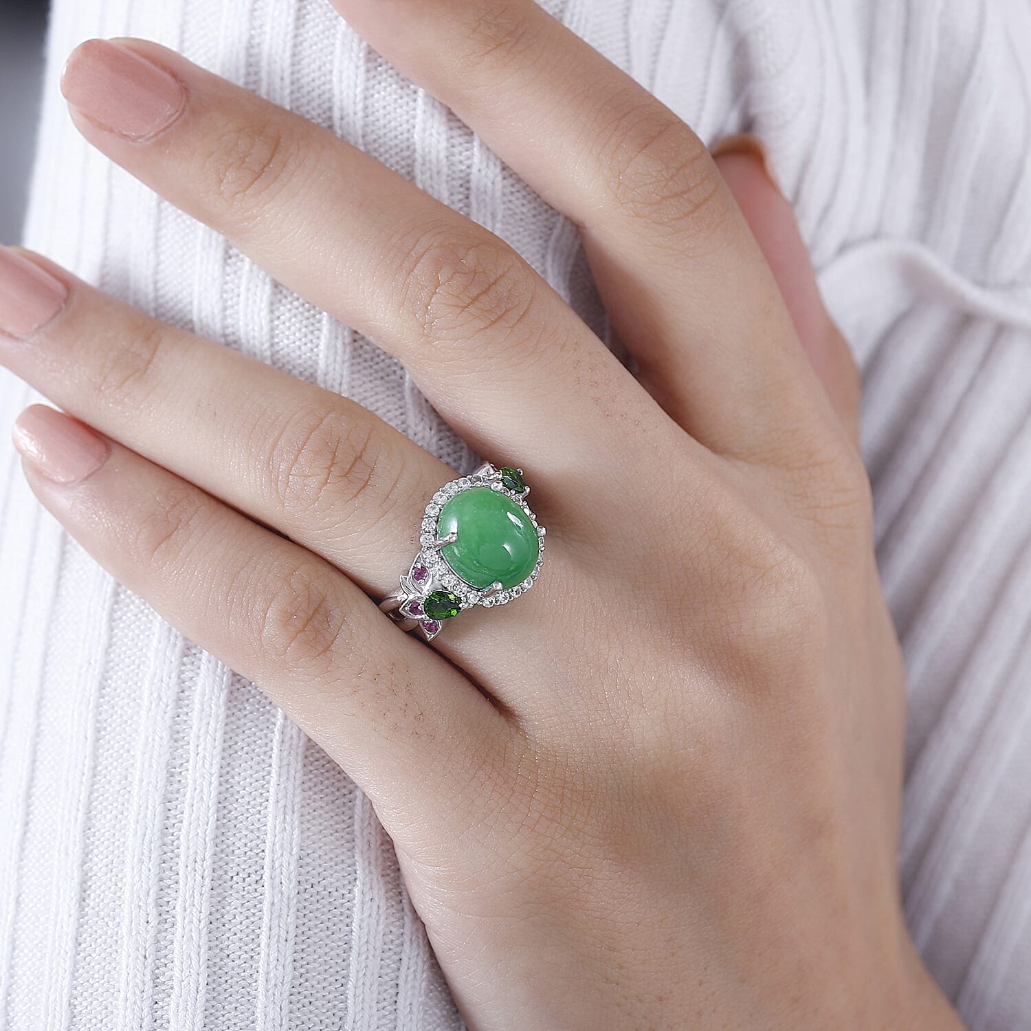 Green Jade (D) and Multi Gemstone Ring in Rhodium Over Sterling Silver (Size 10.0) 7.25 ctw