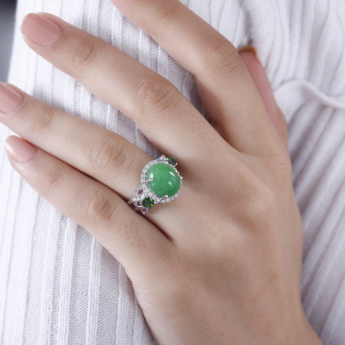 Doorbuster TLV Green Jade, Multi Gemstone Ring in Rhodium Over Sterling Silver (Size 10.0) 7.25 ctw image number 2