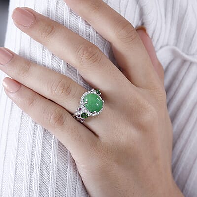 Green Jade (D) and Multi Gemstone Ring in Rhodium Over Sterling Silver (Size 10.0) 7.25 ctw