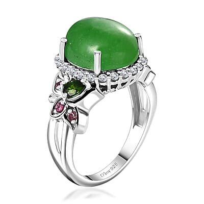 Green Jade (D) and Multi Gemstone Ring in Rhodium Over Sterling Silver (Size 10.0) 7.25 ctw