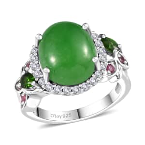 Green Jade (D) and Multi Gemstone Ring in Rhodium Over Sterling Silver (Size 6.0) 7.25 ctw