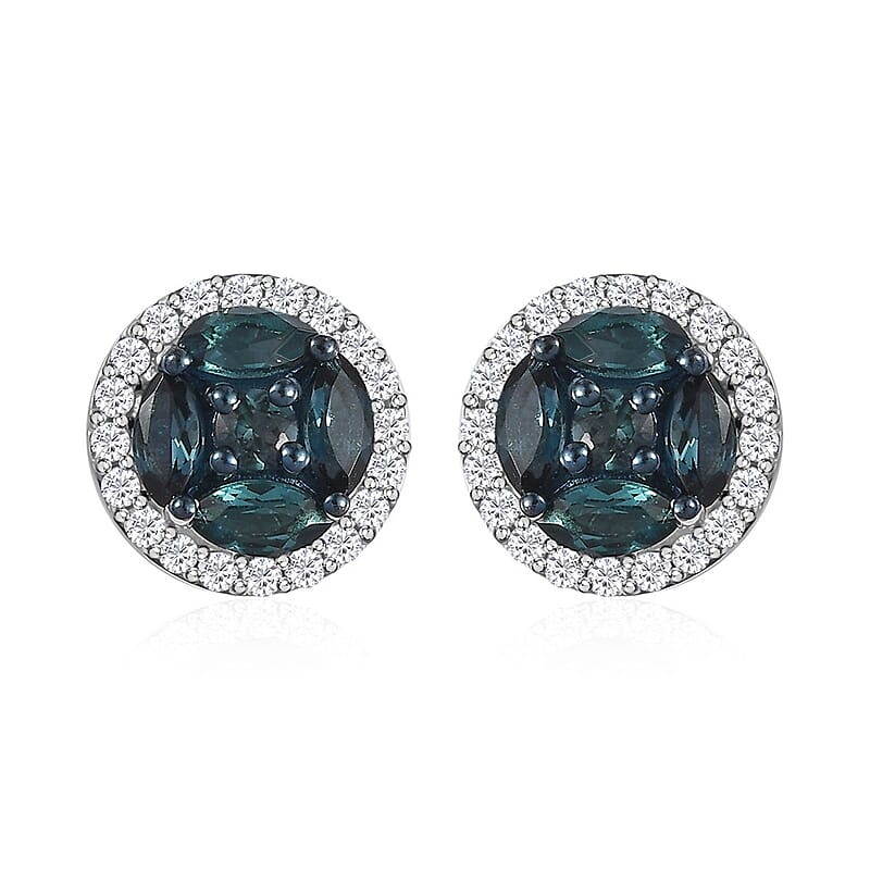 AAA Monte Belo Indicolite and Moissanite Stud Earrings in Rhodium Over Sterling Silver 1.15 ctw