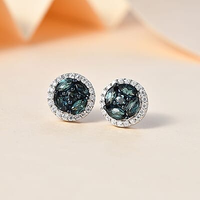 AAA Monte Belo Indicolite and Moissanite Stud Earrings in Rhodium Over Sterling Silver 1.15 ctw