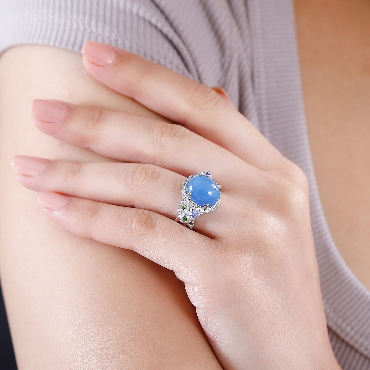 Blue Jade (D) and Multi Gemstone Ring in Rhodium Over Sterling Silver (Size 6.0) 7.15 ctw image number 2