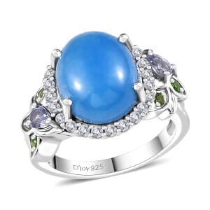 Blue Jade (D) and Multi Gemstone Ring in Rhodium Over Sterling Silver (Size 8.0) 7.15 ctw