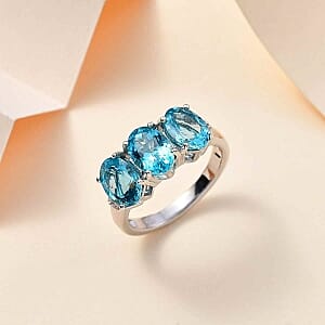 Paraiba Apatite and Diamond 3.76 ctw 3 Stone Ring in Rhodium Over Sterling Silver (Size 10)