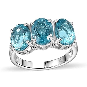 Paraiba Apatite and Diamond 3.76 ctw 3 Stone Ring in Rhodium Over Sterling Silver (Size 10)