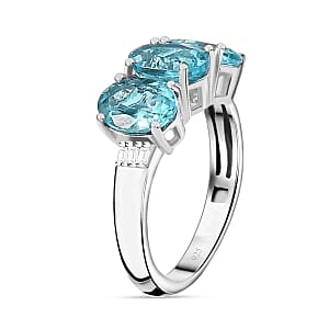 Paraiba Apatite and Diamond 3.76 ctw 3 Stone Ring in Rhodium Over Sterling Silver (Size 10)