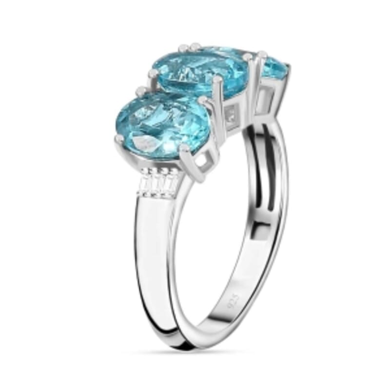 Paraiba Apatite and Diamond 3.76 ctw 3 Stone Ring in Rhodium Over Sterling Silver (Size 10)