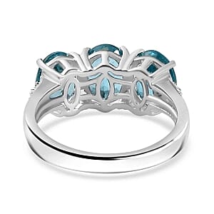Paraiba Apatite and Diamond 3.76 ctw 3 Stone Ring in Rhodium Over Sterling Silver (Size 10)