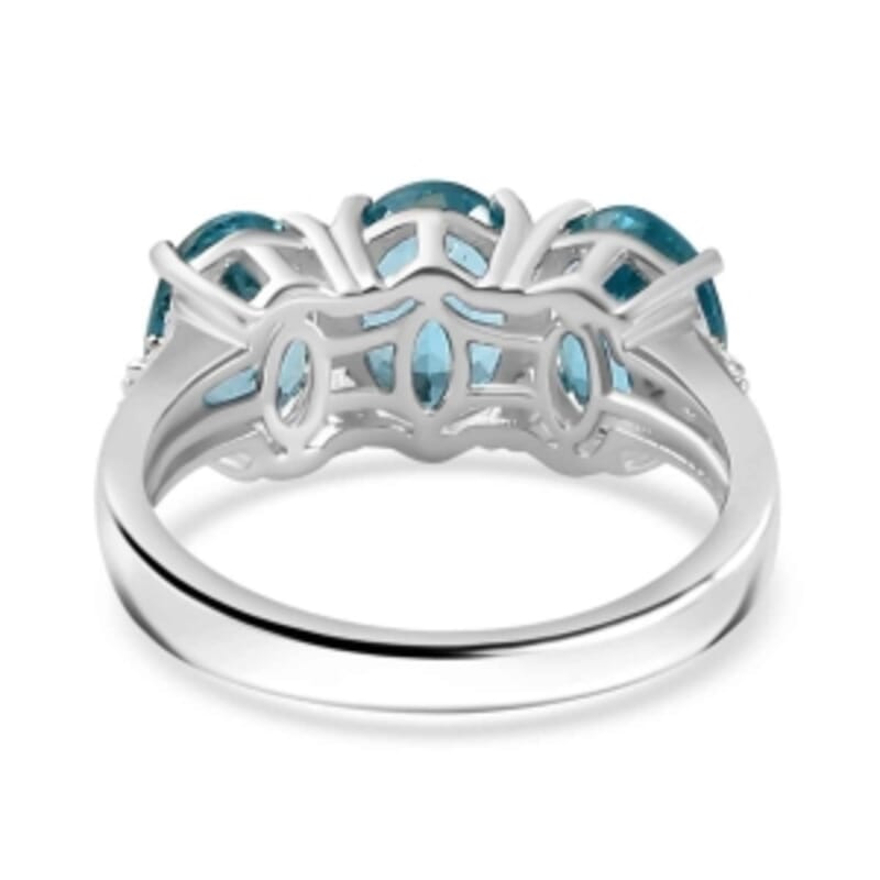 Paraiba Apatite and Diamond 3.76 ctw 3 Stone Ring in Rhodium Over Sterling Silver (Size 10)