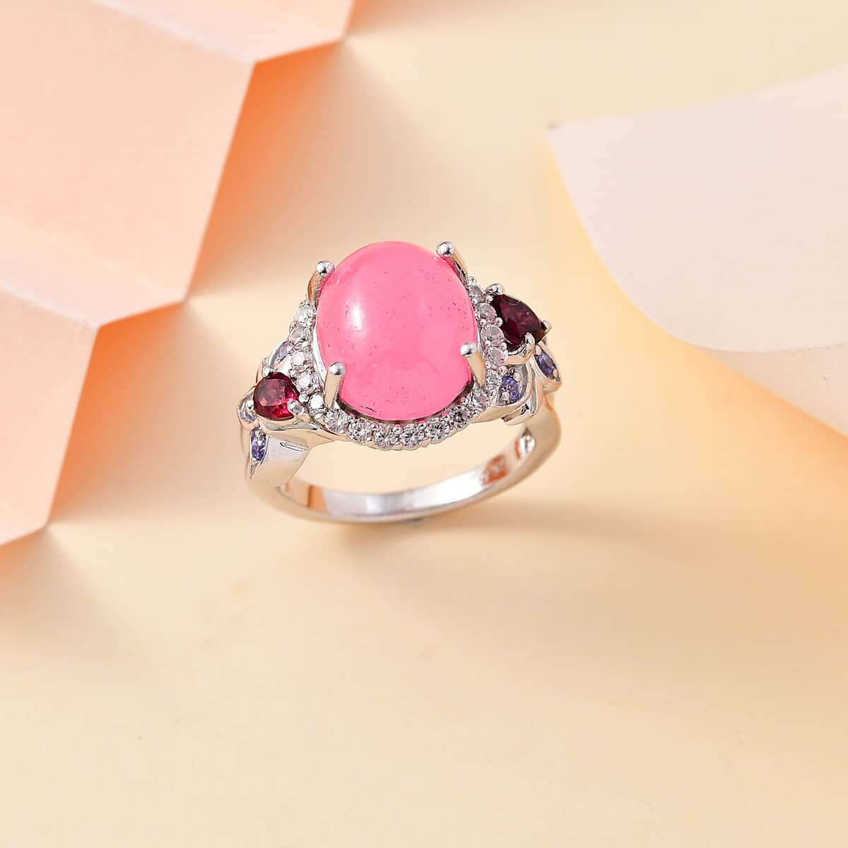 Pink Jade (D) and Multi Gemstone Ring in Rhodium Over Sterling Silver (Size 10.0) 7.25 ctw image number 1