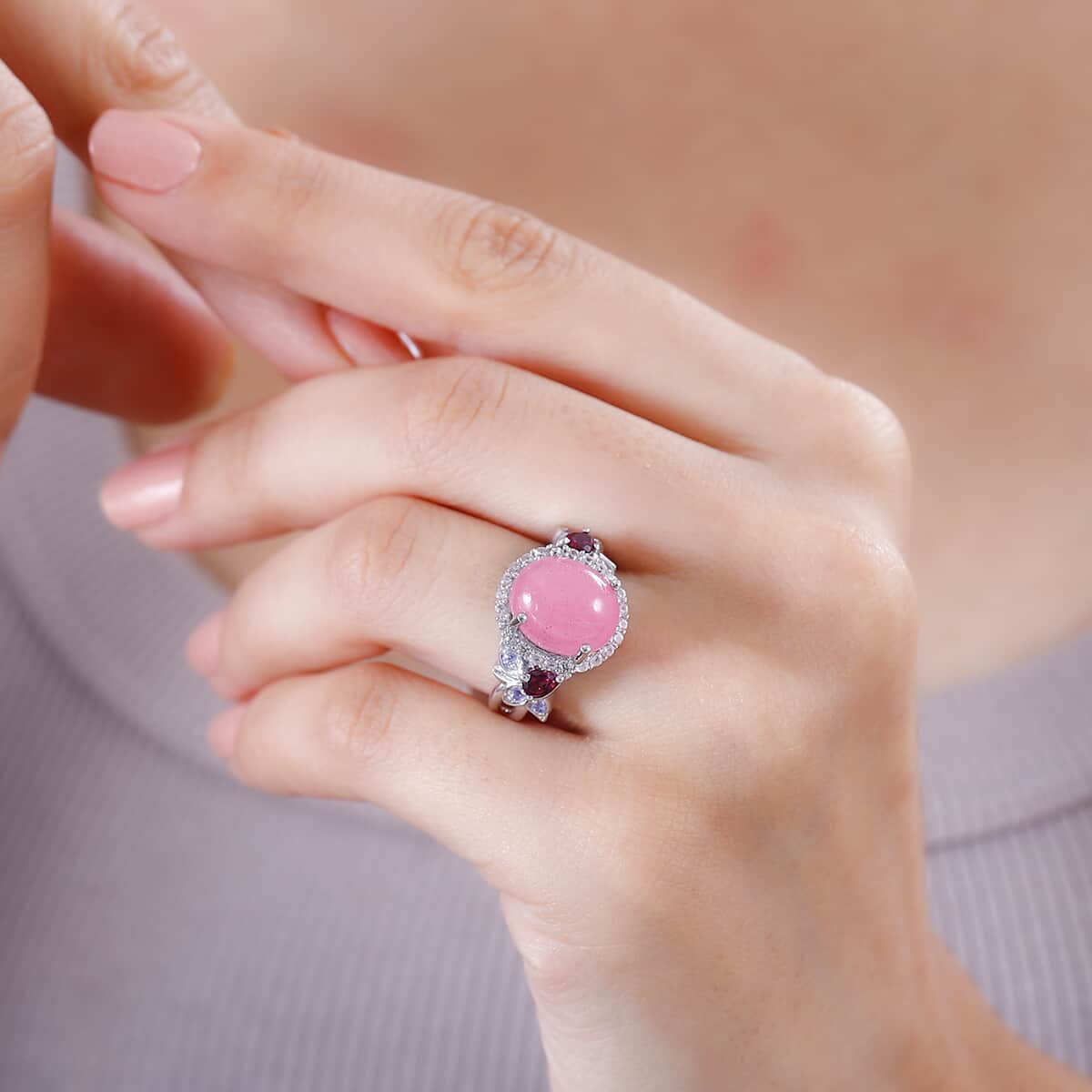 Pink Jade (D) and Multi Gemstone Ring in Rhodium Over Sterling Silver (Size 10.0) 7.25 ctw image number 2