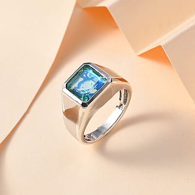 Asscher Cut Peacock Quartz (Triplet) Men's Ring in Platinum Over Sterling Silver (Size 10.0) 5.25 ctw