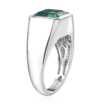 Asscher Cut Peacock Quartz (Triplet) Men's Ring in Platinum Over Sterling Silver (Size 10.0) 5.25 ctw