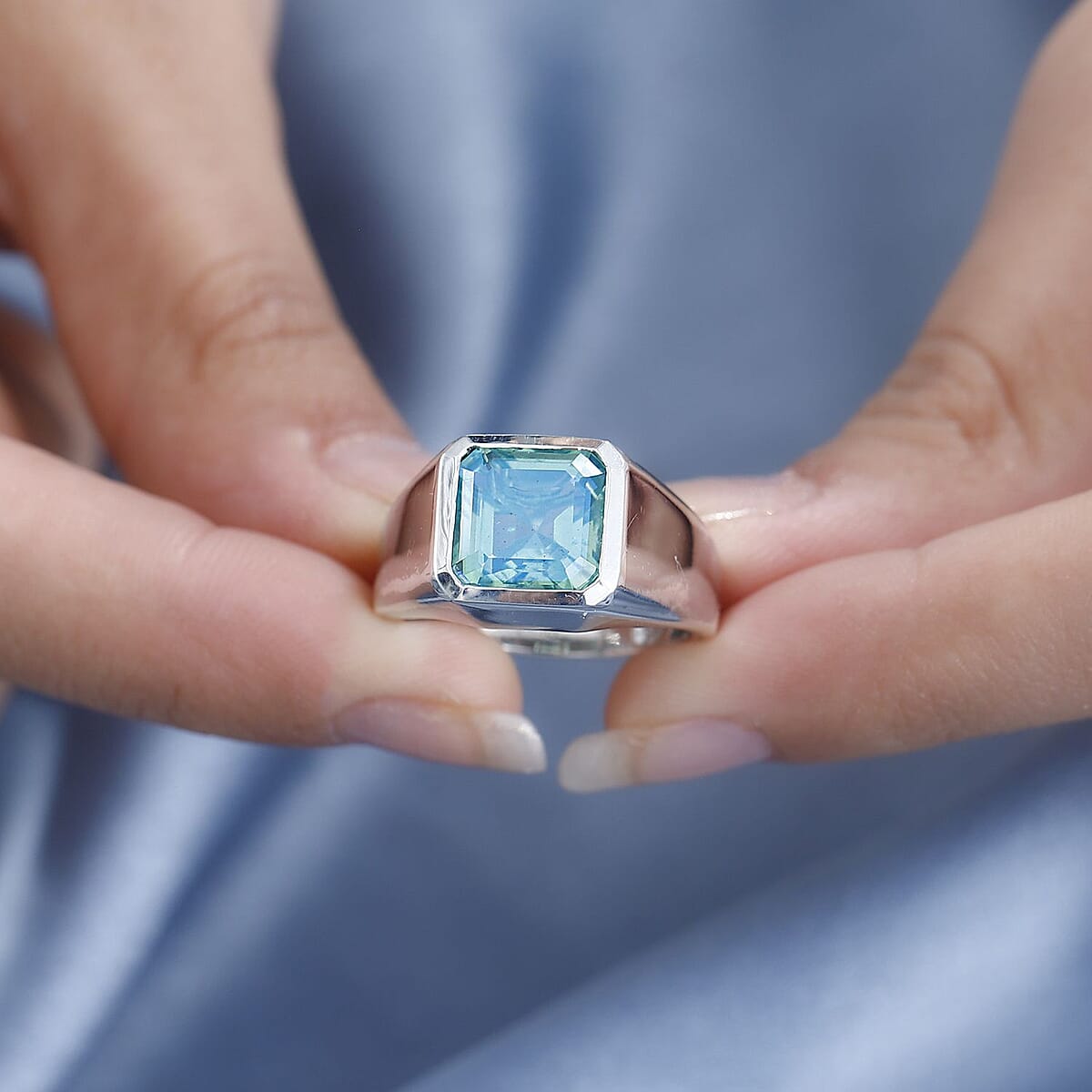 Asscher Cut Peacock Quartz (Triplet) Men's Ring in Platinum Over Sterling Silver (Size 12.0) 5.25 ctw image number 2