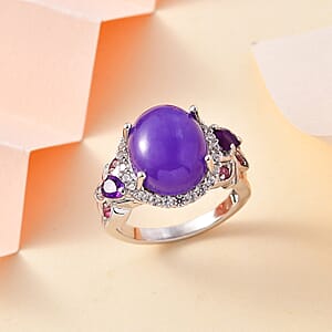 Purple Jade (D) and Multi Gemstone Ring in Rhodium Over Sterling Silver (Size 10.0) 7.55 ctw