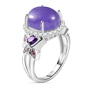 Purple Jade (D) and Multi Gemstone Ring in Rhodium Over Sterling Silver (Size 10.0) 7.55 ctw