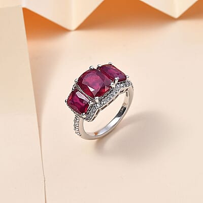 Niassa Ruby (FF) and White Zircon Trilogy Ring in Rhodium Over Sterling Silver (Size 10.0) 6.60 ctw