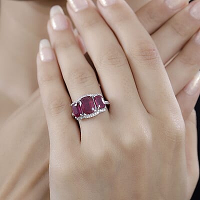 Niassa Ruby (FF) and White Zircon Trilogy Ring in Rhodium Over Sterling Silver (Size 10.0) 6.60 ctw