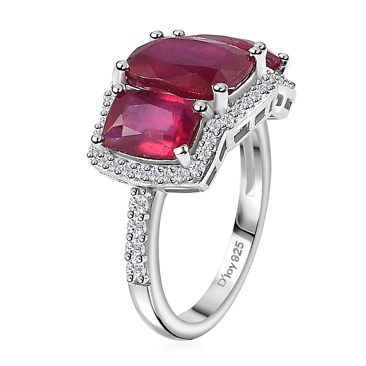 Niassa Ruby (FF) and White Zircon Trilogy Ring in Rhodium Over Sterling Silver (Size 10.0) 6.60 ctw