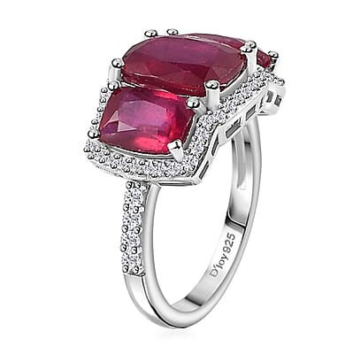 Niassa Ruby (FF) and White Zircon Trilogy Ring in Rhodium Over Sterling Silver (Size 10.0) 6.60 ctw