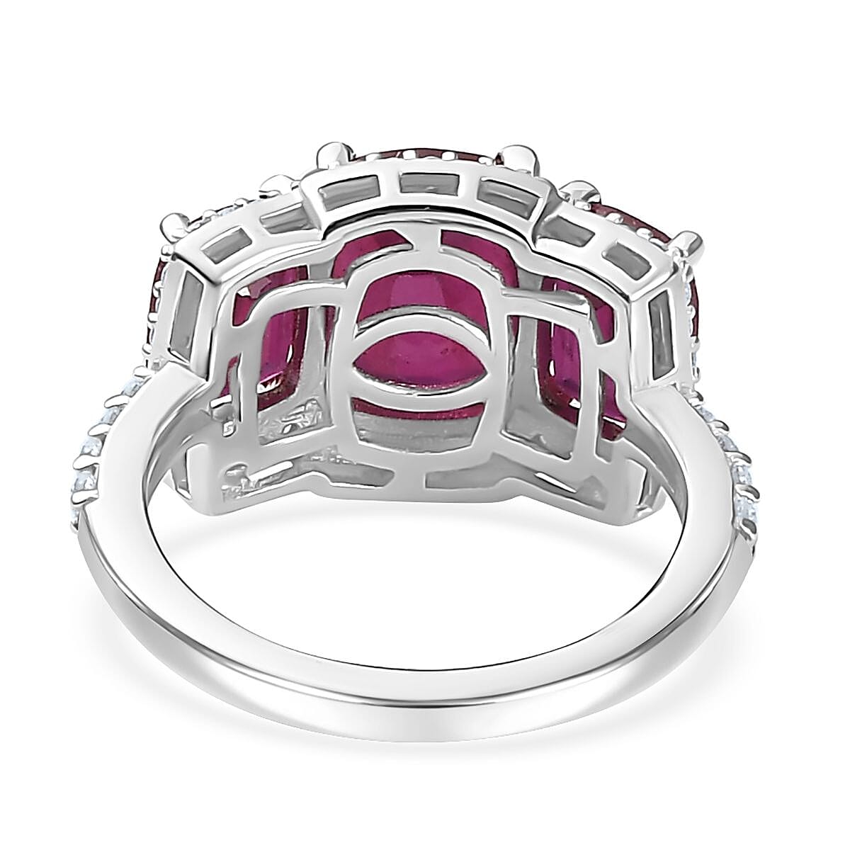 Niassa Ruby (FF) and White Zircon Trilogy Ring in Rhodium Over Sterling Silver (Size 10.0) 6.60 ctw