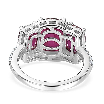 Niassa Ruby (FF) and White Zircon Trilogy Ring in Rhodium Over Sterling Silver (Size 10.0) 6.60 ctw