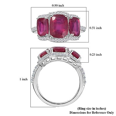 Niassa Ruby (FF) and White Zircon Trilogy Ring in Rhodium Over Sterling Silver (Size 10.0) 6.60 ctw