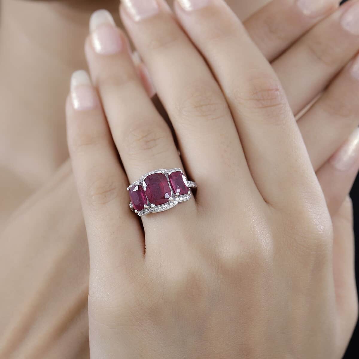 Niassa Ruby (FF) and White Zircon Trilogy Ring in Rhodium Over Sterling Silver (Size 5.0) 6.60 ctw image number 2