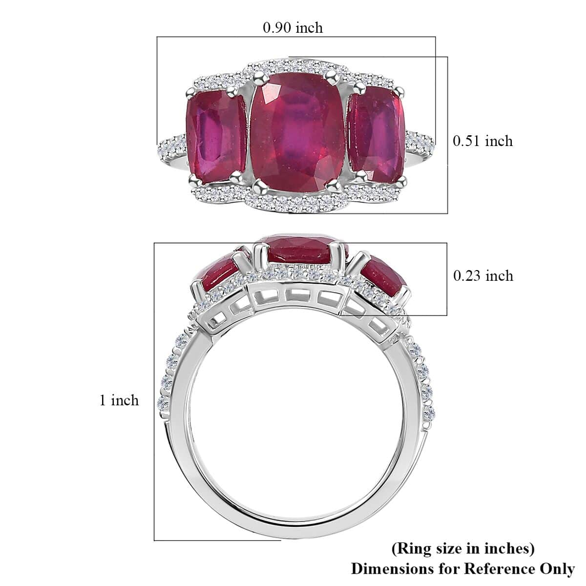 Niassa Ruby (FF) and White Zircon Trilogy Ring in Rhodium Over Sterling Silver (Size 5.0) 6.60 ctw image number 5