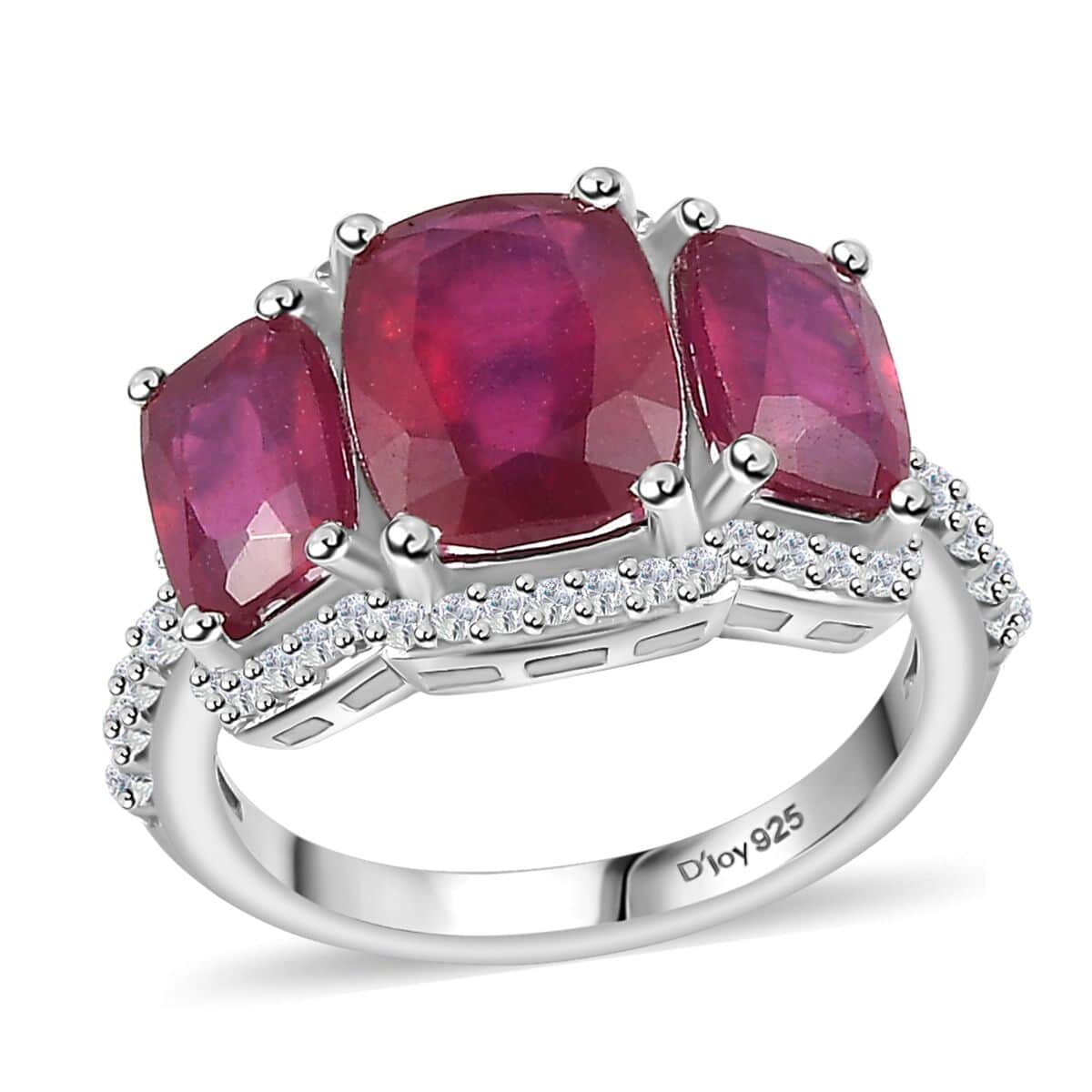 Niassa Ruby (FF) and White Zircon Trilogy Ring in Rhodium Over Sterling Silver (Size 6.0) 6.60 ctw image number 0