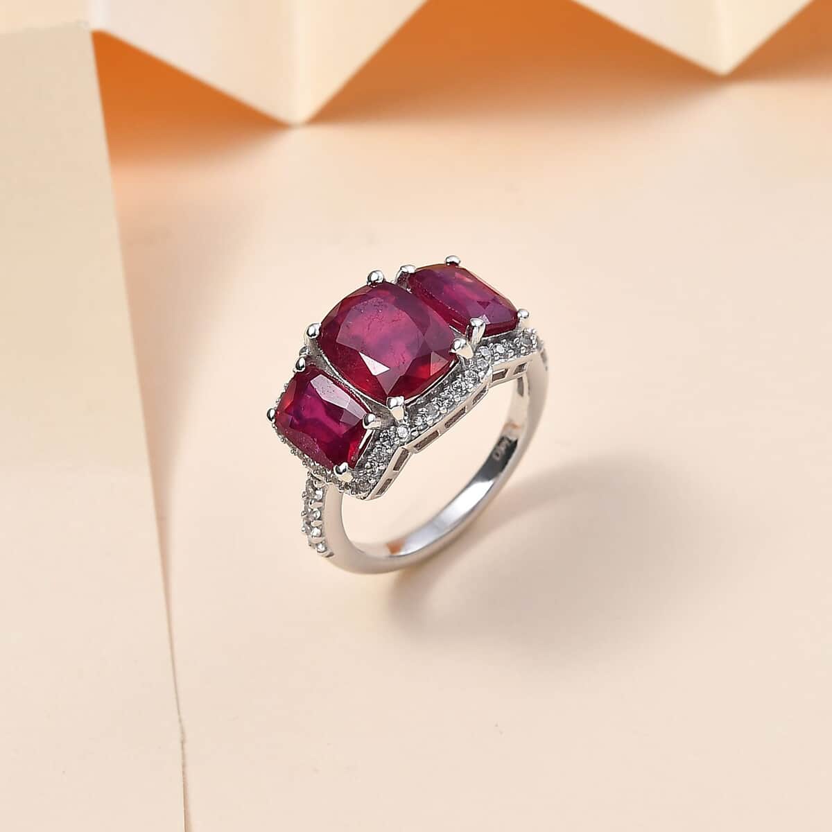 Niassa Ruby (FF) and White Zircon Trilogy Ring in Rhodium Over Sterling Silver (Size 6.0) 6.60 ctw image number 1