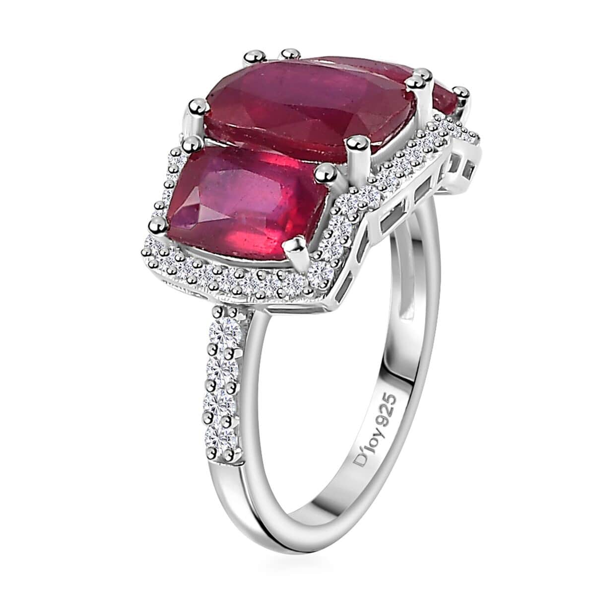 Niassa Ruby (FF) and White Zircon Trilogy Ring in Rhodium Over Sterling Silver (Size 6.0) 6.60 ctw image number 3