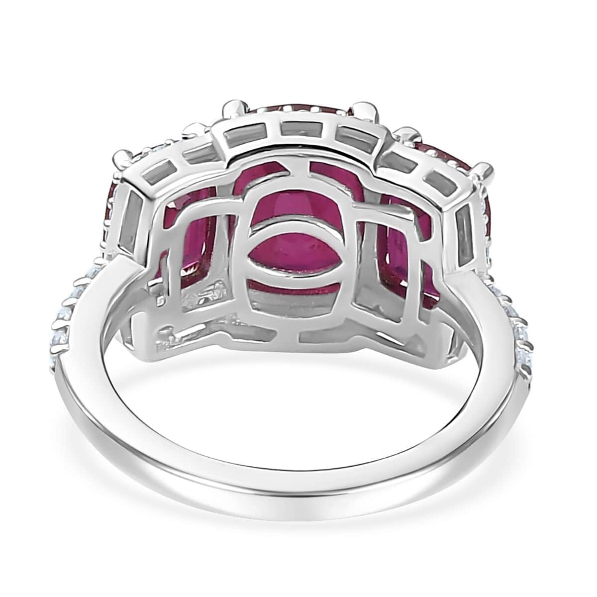 Niassa Ruby (FF) and White Zircon Trilogy Ring in Rhodium Over Sterling Silver (Size 6.0) 6.60 ctw image number 4