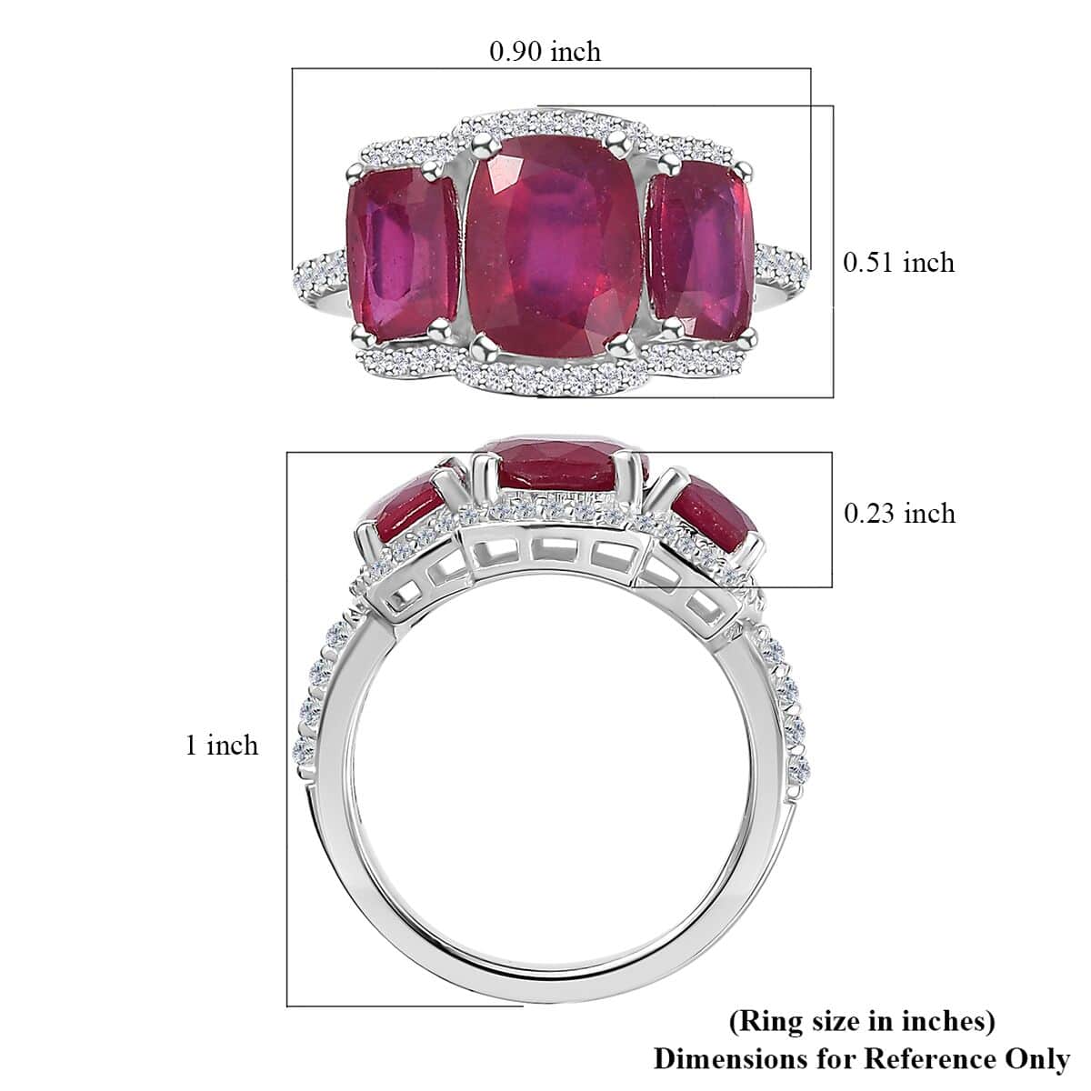 Niassa Ruby (FF) and White Zircon Trilogy Ring in Rhodium Over Sterling Silver (Size 6.0) 6.60 ctw image number 5