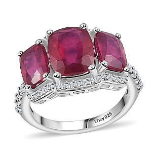 Niassa Ruby (FF) and White Zircon Trilogy Ring in Rhodium Over Sterling Silver (Size 8.0) 6.60 ctw