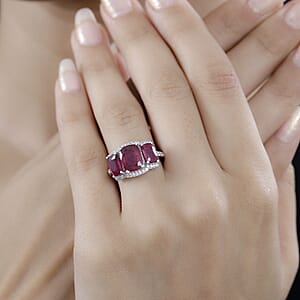 Niassa Ruby (FF) and White Zircon Trilogy Ring in Rhodium Over Sterling Silver (Size 8.0) 6.60 ctw