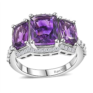 Moroccan Amethyst and White Zircon Trilogy Ring in Rhodium Over Sterling Silver (Size 10.0) 4.30 ctw