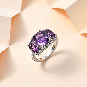 D'Joy Moroccan Amethyst and White Zircon Trilogy Ring in Rhodium Over Sterling Silver (Size 8.0) 4.30 ctw