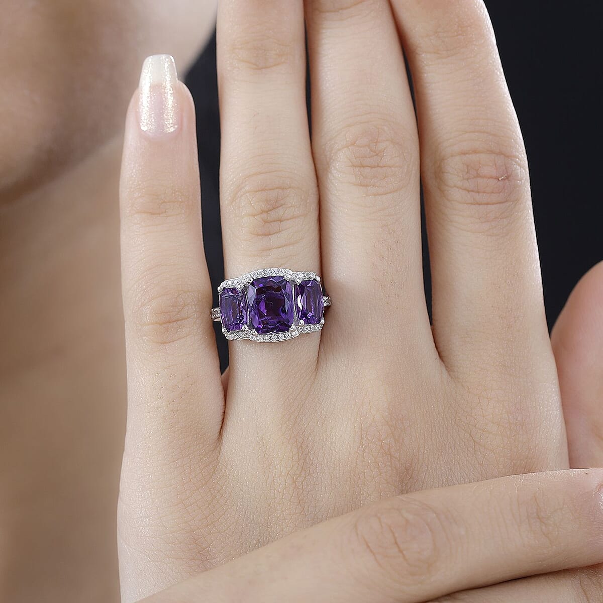 D'Joy Moroccan Amethyst and White Zircon Trilogy Ring in Rhodium Over Sterling Silver (Size 8.0) 4.30 ctw image number 2