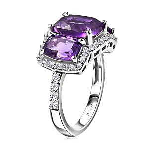 D'Joy Moroccan Amethyst and White Zircon Trilogy Ring in Rhodium Over Sterling Silver (Size 8.0) 4.30 ctw