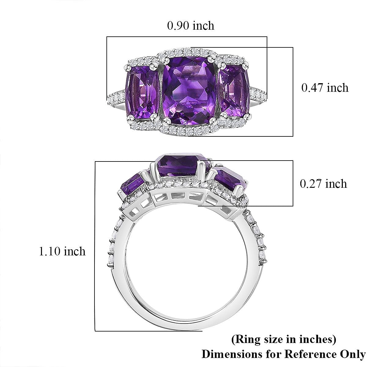 D'Joy Moroccan Amethyst and White Zircon Trilogy Ring in Rhodium Over Sterling Silver (Size 8.0) 4.30 ctw image number 5