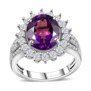 Uruguayan Amethyst and Moissanite Sunburst Ring in Platinum Over Sterling Silver (Size 10.0) 4.00 ctw