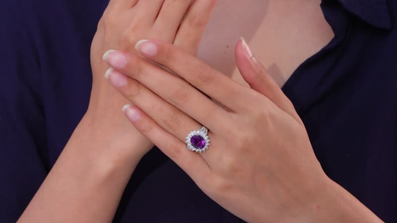 Premium Uruguayan Amethyst, Moissanite Sunburst Ring in Platinum Over Sterling Silver (Size 10.0) 4.00 ctw
