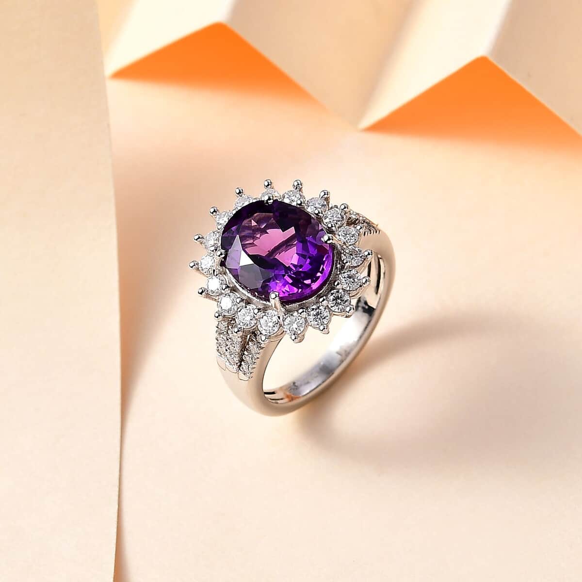 Premium Uruguayan Amethyst, Moissanite Sunburst Ring in Platinum Over Sterling Silver (Size 10.0) 4.00 ctw image number 1